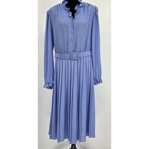 Vtg 1980s Jo Hanna York Dress L Periwinkle Pleated Skirt Ruffle Collar Belted